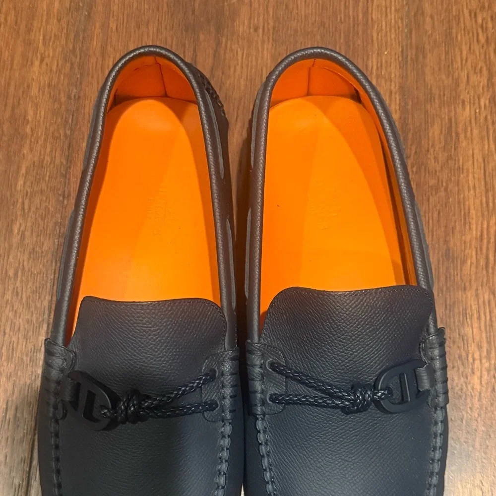 AUTHENTIC MENS HERMES ALLESANDRO LEATHER LOAFERS, SIZE US 9.5, NAVY - Picture 4 of 15